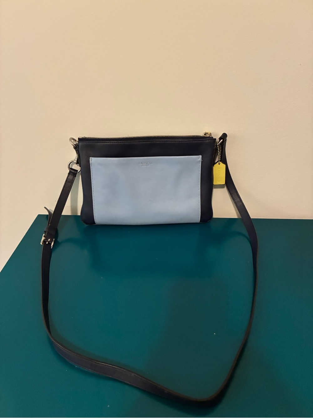 Coach Two-Tone Leather Crossbody in Light Blue and Black with Yellow Tag